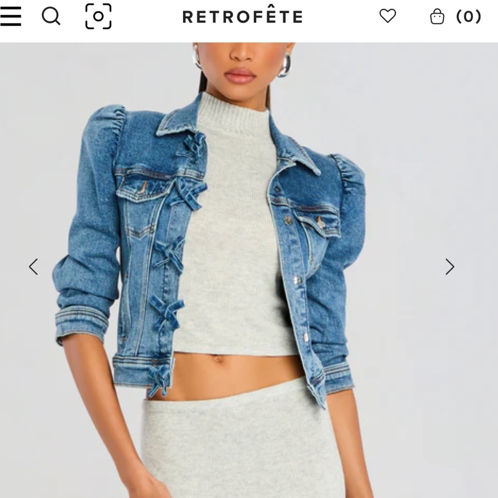 Retrofête Blue Cropped Puff-Sleeve Denim Jacket with Bow Trim